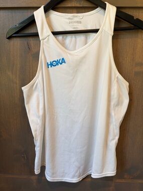 Hoka Women's White Racerback Performance Tank with Blue Logo
